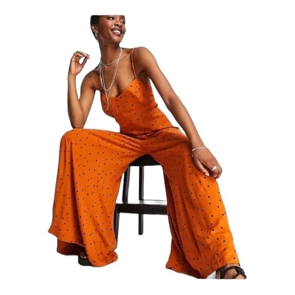 FREE PEOPLE Rust Orange Polka Dot Open Back Wide Leg Jumpsuit XS NEW - Picture 9 of 15